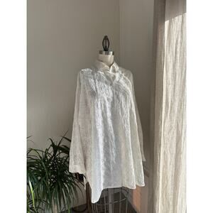 Women's Medium Top Button Down White Lace Sheer Floral Embroidered 1980s Shirt